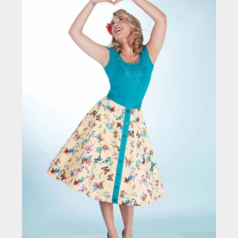 Tatyana Beige Butterfly Print High Waist Full Swing Circle Skirt Small